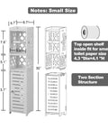 Diagram of Slim Toilet Paper Holder Stand With Built In Storage Cabinet for Small Bathrooms showing dimensions and two sections.