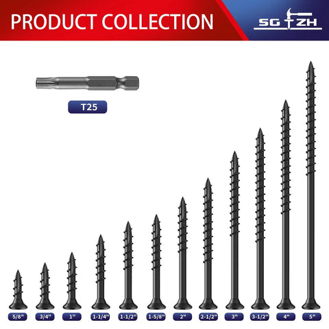 Heavy Duty Exterior Wood Deck Screws Built To Last Tough As Nails One And A Half Inch Flat Head Epoxy Coated Rust Resistant Carbon Steel T25 Star Bit 322 Pieces Pack Two Pound Set For Outdoor Decking And Fence Projects, size comparison of various screws with T25 bit