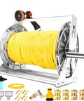 Heavy Duty Stainless Steel Garden Hose Reel With 10 Pattern Spray Nozzle and yellow hose, showcasing wall mount or floor storage.