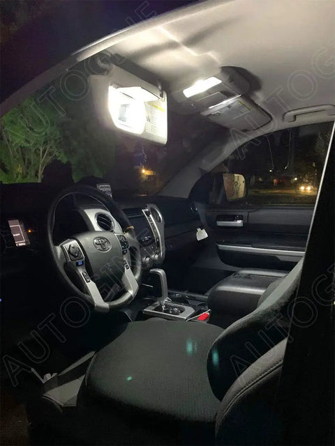 Toyota Tundra interior with 6000K White LED Interior Light Kit for 2007-2021, illuminating map lights and dashboard