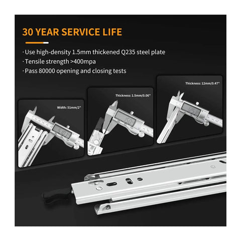 Heavy Duty Drawer Runners With Lock, Full Extension Ball Bearing Slides, 68Kg Capacity, detailed dimensions and measurements