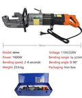Cutpoy Electric Hydraulic Rebar Bender Steel Bar Bending Machine With Positioning Pin For 4Mm To 32Mm Rods side view with specs and packaging.