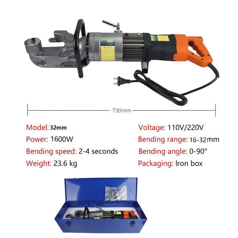 Cutpoy Electric Hydraulic Rebar Bender Steel Bar Bending Machine With Positioning Pin For 4Mm To 32Mm Rods side view with specs and packaging.