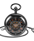 Rudder Design Skeleton Mechanical Pocket Watch Hand Wind For Men With Dope Black Dial Roman Numerals Vintage Steampunk Style Chain Included Box Gift Ready Premium Craftsmanship.
