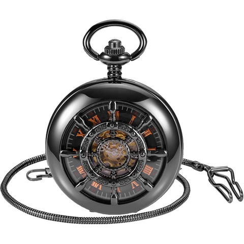 Rudder Design Skeleton Mechanical Pocket Watch Hand Wind For Men With Dope Black Dial Roman Numerals Vintage Steampunk Style Chain Included Box Gift Ready Premium Craftsmanship.