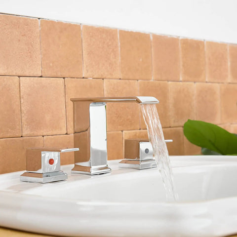 Waterfall Widespread Bathroom Faucet Chrome 3 Hole 2 Handle Vanity Sink Mixer Tap With Pop Up Drain Overflow And Supply Lines