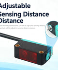 Background Suppressed Diffuse Reflection Photoelectric Sensor with adjustable sensing distance, compact design, and integrated cable.