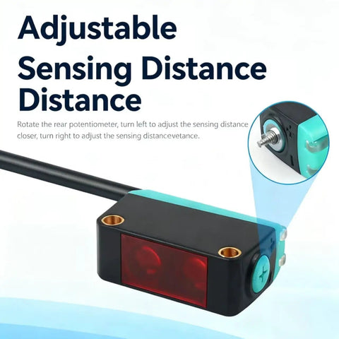 Background Suppressed Diffuse Reflection Photoelectric Sensor with adjustable sensing distance, compact design, and integrated cable.