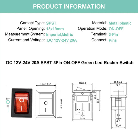 Diagram of Red LED Boat Rocker Toggle Switch 12 to 24V SPST On Off 3 Pin 2 Position Snap Action 20A Built For Marine