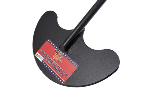 Close-up of the Heavy Duty Sod Lifter with 12 gauge steel head, showing manufacturer's label. USA made gardening tool.