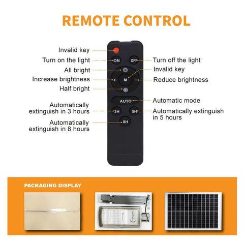 Remote control for Solar Powered Outdoor Street Light with 18000 Lumens, showing buttons and functions for light control.