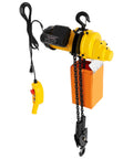 Heavy Duty Electric Chain Hoist With 2200 Lb Capacity And 10 Foot Lifting Height featuring yellow motor, double steel chains, and rotating hook.