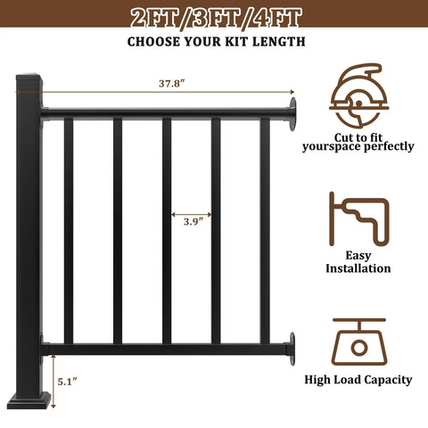 Heavy Duty Modular Deck Railing Kit, 36 By 3 Foot Black Porch Rails With Single Post showing dimensions and installation details.