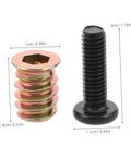 Wood Threaded Insert Kit For Furniture Repair 50 Pcs with metal screw and nut showing dimensions in centimeters and inches