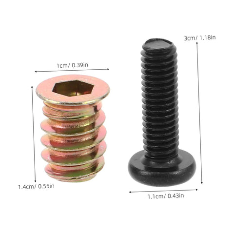 Wood Threaded Insert Kit For Furniture Repair 50 Pcs with metal screw and nut showing dimensions in centimeters and inches