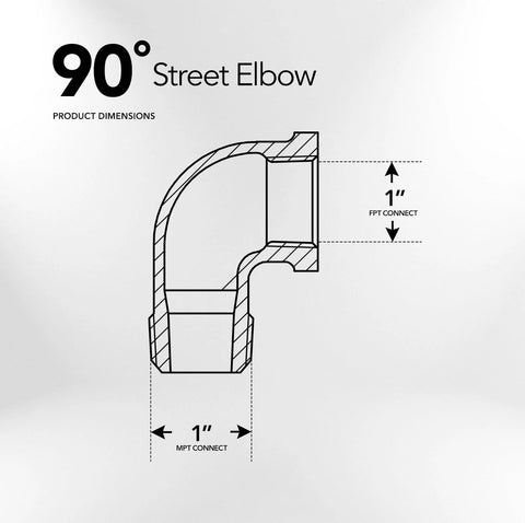 1-inch brass street elbow cross-section showing MPT and FPT NPT threaded ends.