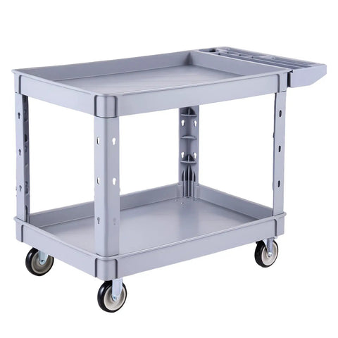 Heavy Duty Rolling Utility Cart 550 Lb Capacity, 2 Tier Service Cart With 360 Degree Swivel Wheels And Brakes On Two Front Casters, Built Tough Plastic Trays, Garage Workshop Organizer Gray