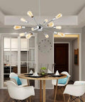 Sputnik Chandelier Light Fixture Chrome Finish With Eight To Twelve Lights in modern dining room setting.