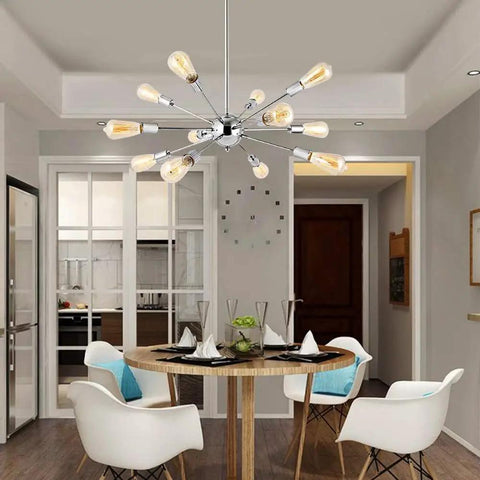 Sputnik Chandelier Light Fixture Chrome Finish With Eight To Twelve Lights in modern dining room setting.