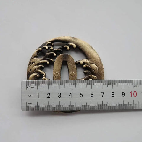 Antique Copper Tsuba And Fuchi Kashira Menuki Set For Samurai Sword Koshirae, detailed 8 to 9 cm guard with ruler for size reference