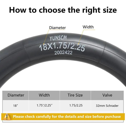 Two Pack Heavy Duty Bike Tubes For 18 Inch Rims 18x1.75 To 18x2.25 With AV Schrader Valve 32mm 45/57-355 diagram