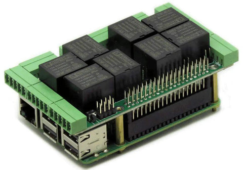 Straight Up Ready To Roll Eight Layer Stackable Expansion Hat Made For Raspberry Pi Controllers With Rock Solid Relay Boards Plus Raw Digital Analog Inputs For Pain Free Smart Home Wiring Projects, side view showcasing relays.