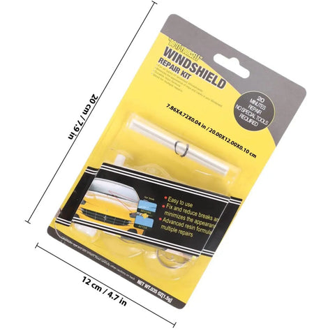 Windshield Crack Repair Kit For Cars Portable Glass Repair For Laminated Windshields Chips And Small Cracks Quick DIY Scratch And Chip Fix Compact And Easy To Store For Home Use And On The Go Auto Glass Repair in packaging with dimensions.