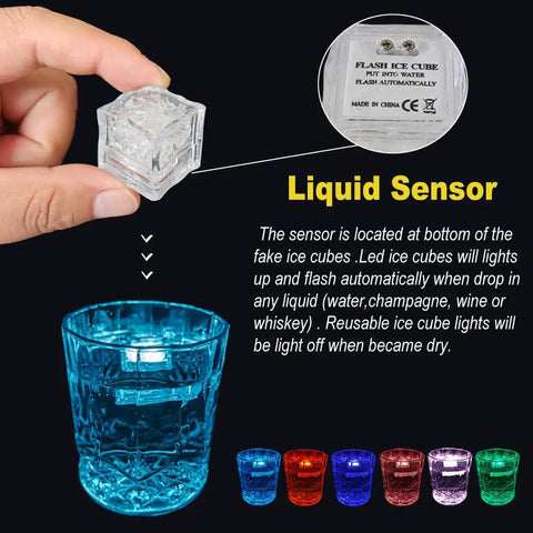 Light Up LED Ice Cubes For Drinks, 120 Pack Waterproof Multi Color Glow With Liquid Sensor, showing cube held above glass