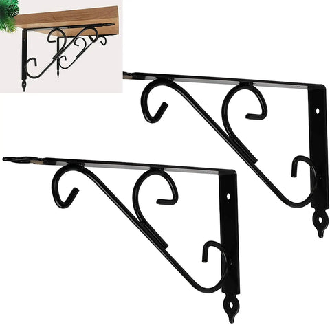 Heavy Duty 2-Pack Shelf Brackets Large Black Metal 90 Degree Corner Braces Floating Shelf Holder with decorative curls.