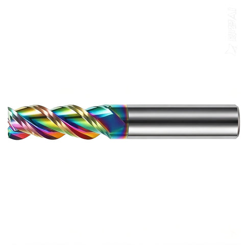 Pro Grade 1/4 Inch Carbide Square End Mill Bit For Aluminum, 2 Inch Overall Length, 1/4 Inch Shank, 3 Flutes, DLC Rainbow Coating