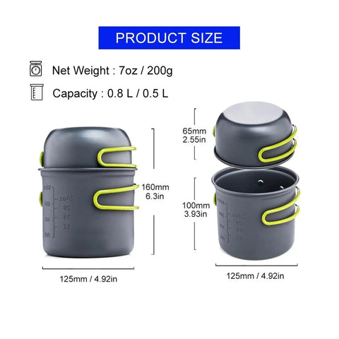 All In One Outdoor Camp Cookware Set With Pot And Tableware For Hiking Picnics Travel And Camping Lightweight Compact Durable Green Dishes Kit dimensions