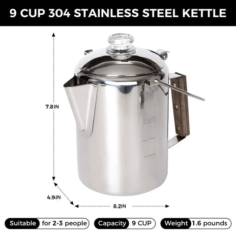 Percolator Coffee Pot For Campfire Ready Hit The Trail 9 Cup Stainless Steel Kettle With Wood Handle features and dimensions