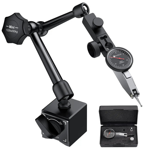 Dial Test Indicator Set With Magnetic Base Stand for tight spaces, 0 to 0.03 inches travel, black, with 3/8 inch clamping hole