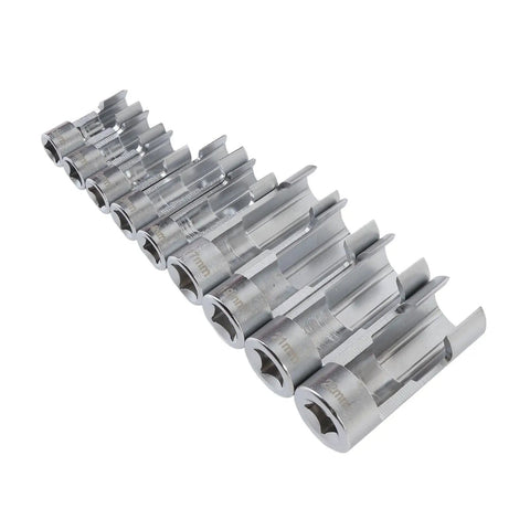 9 Piece Fuel Line Socket Set With Three Eighths And One Half Inch Drive From Ten To Twenty Two Millimeter Sizes CRV Steel Construction Automotive Repair Tool Kit For Pros And DIYers Durable Sockets For Fuel Line Connectors
