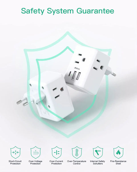 Six In One European Travel Plug Adapter With USB Ports And Type C Power For US To Europe displaying safety features.