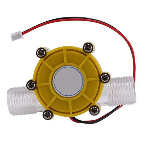 Front view of Water Flow Generator Kit Three Pack 12V Regulated Micro Type Hydro Generator showing yellow casing and wiring.