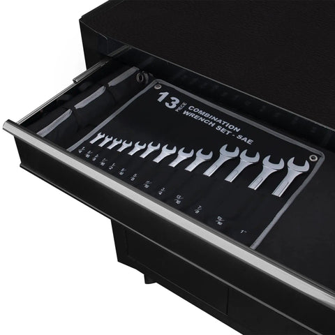 13 Piece SAE Combination Wrench Set With Roll Up Pouch No Skipped Inch Sizes From Quarter Inch To One Inch in a drawer