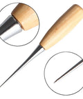 Heavy Duty Pro Grade Two Pack Alloy Steel Tapered Awls With Sturdy Wood Handles Tough Punching Tools Sick For Leatherwork Canvas Sewing And Weekend DIY Grinds Knockout Quality Fixups close-up of metal tip and wooden handle