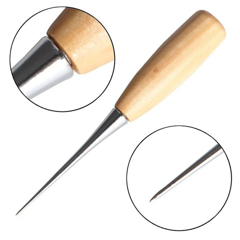 Heavy Duty Pro Grade Two Pack Alloy Steel Tapered Awls With Sturdy Wood Handles Tough Punching Tools Sick For Leatherwork Canvas Sewing And Weekend DIY Grinds Knockout Quality Fixups close-up of metal tip and wooden handle