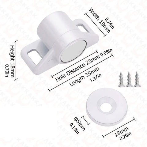 Heavy Duty Cabinet Door Magnets For Latch Closures In Kitchen And Bathroom with dimensions and screws for installation.