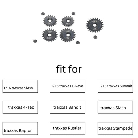 Heavy Duty Hardened Steel RC Pinion Gear Set 19 To 23 Teeth 3 MM Bore 48P Pitch for Traxxas models laid out on a white background.