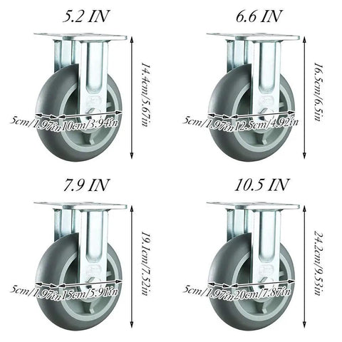Heavy Duty Casters 4 Pack With Reliable Brakes Roll Like Butter Swivel And Fixed Wheels Quiet TPR Rubber sizes displayed.