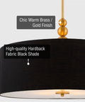 Chic pendant light with high-quality hardback fabric black shade and warm brass gold finish details.