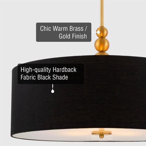Chic pendant light with high-quality hardback fabric black shade and warm brass gold finish details.