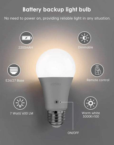 Rechargeable LED Light Bulb With Battery Backup And Remote Control For Home Power Outages Camping And Outdoor Activities Dimmable 7W 600LM Soft White
