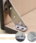 Six Pack Stainless Steel Corner Brackets for Wood Furniture, Triangular Shape, shown supporting a wooden cabinet corner.