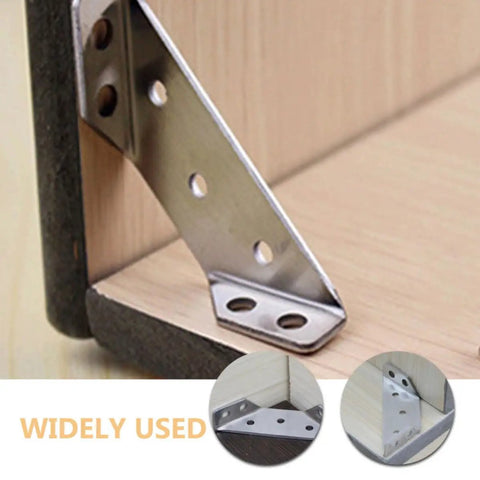 Six Pack Stainless Steel Corner Brackets for Wood Furniture, Triangular Shape, shown supporting a wooden cabinet corner.
