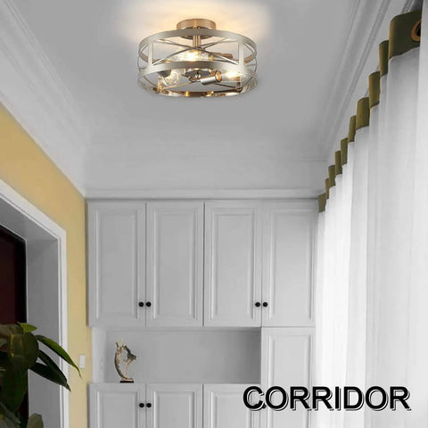 Sleek Modern 3 Light Semi Flush Mount Ceiling Light Brushed Nickel 13 Inch Round Drum Shade Fixture in a hallway setting
