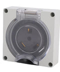 TT 30R Lockable Power Outlet Receptacle with Brass Contacts and IP55 Weatherproof Rating, shown with clear latch cover.