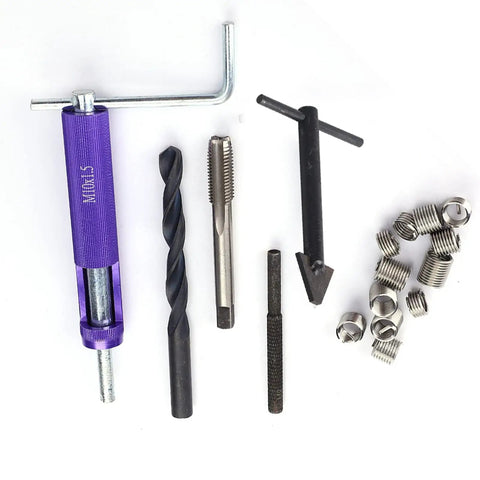M10 x 1.25 Thread Repair Insert Kit with 12 screw sleeves, twisted drill, and tap in stainless steel for auto parts repair.